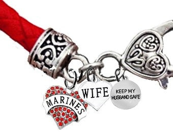 Marine Genuine Crystal Heart, Wife, Keep My Husband Safe, On A Red Leather Bracelet, Hypoallergenic-Safe, No Nickel, Lead, Or Cadmium ©2022