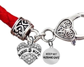 Marine Wife, Keep My Husband Safe, On A Red Leather Bracelet, Hypoallergenic-Safe, No Nickel, Lead, Or Cadmium.©2014, ©2022