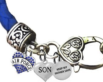 Air Force Son, Keep My Father Safe, On A Light Blue Leather Bracelet, Hypoallergenic-Safe, No Nickel, Lead, Or Cadmium ©2014©2022