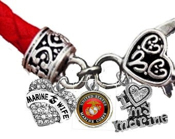 Marine Wife Genuine Austrian Crystal Heart,Marine Symbol,Austrian Crystal I Love My Marine ,On A Red Leather Antique Bracelet,Hypoallergenic