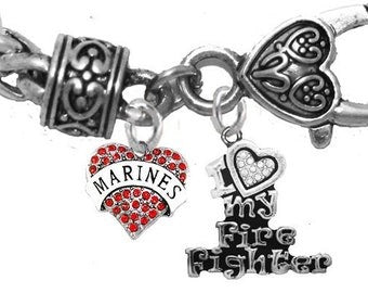 Marine, I Love My Firefighter, Genuine Austrian Crystals, Adjustable Antique Wheat Chain Bracelet, Hypoallergenic, No Nickel,Lead,Or Cadmium