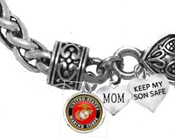 Marine, Mom, Keep My Son Safe, On A Antique Finish Wheat Chain Bracelet, Hypoallergenic-Safe, No Nickel, Lead, Or Cadmium. ©2016 ©2022