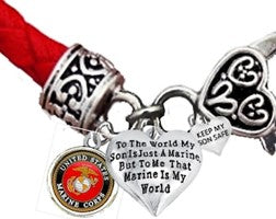 Marine, To The World My Son Is Just A Marine...But To Me That Marine Is My World,, Keep My Son Safe, On A On A Red Leather Antique Bracelet