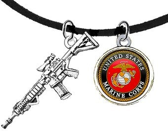 Marine, Tough, AR 15 Rifle, High Polish Silver Finish, Adjustable Black Suede Necklace, Hypoallergenic-Safe,No Nickel, Lead,Or Cadmium ®2022