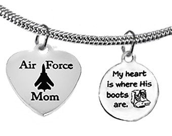 Air Force, My Heart Is Where His Boots Are, Air Force Mom, On A Adjustable Snake Chain Necklace, Hypoallergenic-Safe, No Nickel, Lead, Or Cadmium ©2022