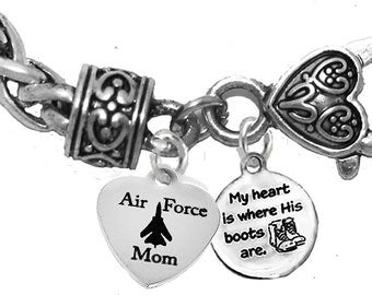 Air Force, My Heart Is Where His Boots Are, Air Force Mom, On A Antique Wheat Chain Bracelet, Hypoallergenic-Safe, No Nickel, Lead, Or Cadmium. ©2022