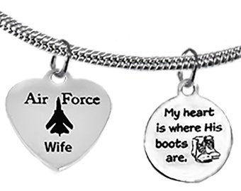 Air Force, My Heart Is Where His Boots Are, Air Force Wife, On A Adjustable Snake Chain Necklace, Hypoallergenic-Safe, No Nickel, Lead, Or Cadmium©2022