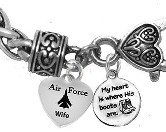 Air Force, My Heart Is Where His Boots Are, Air Force Wife, On A Antique Wheat Chain Bracelet, Hypoallergenic-Safe, No Nickel, Lead, Or Cadmium©2022