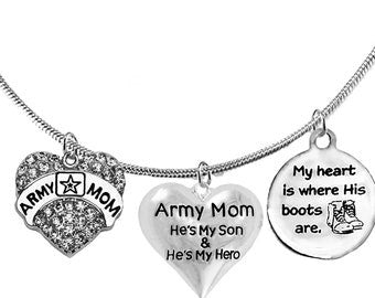 Army, My Heart Is Where His Boots Are, Crystal Army Mom Heart, He's My Son And He's My Hero,Adjustable Necklace, No Nickel, Lead, Or Cadmium ©2022