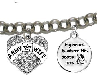 Army, My Heart Is Where His Boots Are, Crystal Army Wife Heart, Adjustable Chain Bracelet, Hypoallergenic-Safe, No Nickel, Lead, Or Cadmium ©2022