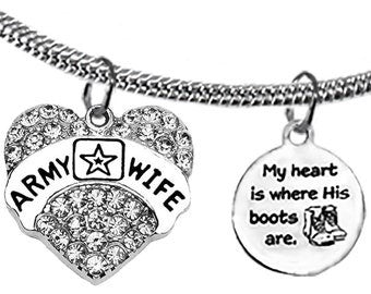 Army, My Heart Is Where His Boots Are, Crystal Army Wife Heart, Adjustable Chain Necklace, Hypoallergenic-Safe, No Nickel, Lead, Or Cadmium ©2022