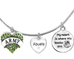 Army, My Heart Is Where His Boots Are, Genuine Austrian Crystal Army Heart, Crystal Abuela, Adjustable Necklace,Hypoallergenic-Safe,No Nickel©2022