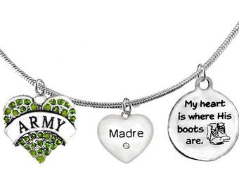 Army, My Heart Is Where His Boots Are, Genuine Austrian Crystal Army Heart, Crystal Madre,Adjustable Necklace, Hypoallergenic-Safe No Nickel ©2022