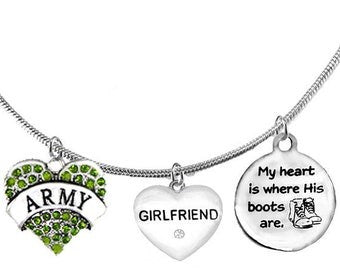 Army, My Heart Is Where His Boots Are, Genuine Austrian Crystal Army Heart, Girlfriend, Adjustable Snake Chain Necklace, Hypoallergenic-Safe ©2022