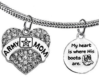 Army, My Heart Is Where His Boots Are, Genuine Austrian Crystal Army Mom Heart,Adjustable Necklace,Hypoallergenic-Safe,No Nickel,Lead,Cadmium©2022