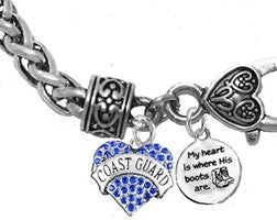 Coast Guard, My Heart Is Where His Boots Are, Genuine Austrian Crystal Coast Guard Heart,Adjustable Bracelet, Hypoallergenic-Safe,No Nickel, Lead,Cadmium In The Metal