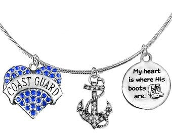 Coast Guard, My Heart Is Where His Boots Are, Genuine Austrian Crystal Coast Guard Heart,Austrian Crystal Anchor, Adjustable Necklace, Hypoallergenic©2022