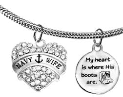 Navy, My Heart Is Where His Boots Are, Genuine Austrian Crystal Navy Wife Heart, On A Adjustable Snake Chain Necklace, Hypoallergenic-Safe ©2022