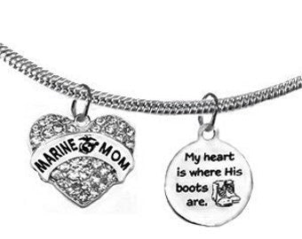 Marine, My Heart Is Where His Boots Are, Marine Mom, On A Adjustable Snake Chain Necklace, Hypoallergenic-Safe, No Nickel, Lead, Or Cadmium ©2022