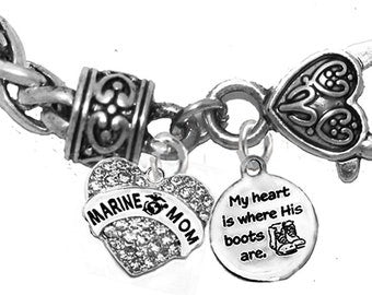 Marine, My Heart Is Where His Boots Are, Marine Mom, On A Antique Wheat Chain Bracelet, Hypoallergenic-Safe, No Nickel, Lead, Or Cadmium.©2022