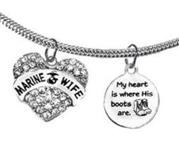 Marine, My Heart Is Where His Boots Are, Marine Wife, On A Adjustable Snake Chain Necklace, Hypoallergenic-Safe, No Nickel, Lead, Or Cadmium ©2022