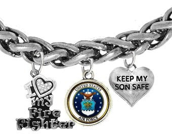 Air Force, I Love My Firefighter, Air Force Symbol, Keep My Son Safe, On A Adjustable Antique Chain Bracelet, Hypoallergenic, No Nickel, Lead,Or Cadmium