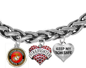 Marine Firefighter, Genuine Austrian Crystal Heart, Keep My Son Safe,Adjustable Antique Chain Bracelet,Hypoallergenic,No Nickel,Lead,Cadmium