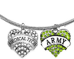 Army, Medical Tech, Genuine Austrian Crystal Army Heart, On A Adjustable Snake Chain Necklace, Hypoallergenic-Safe,No Nickel, Lead,Or Cadmium