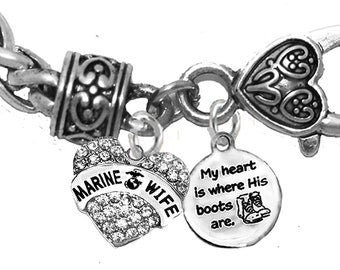 Marine, My Heart Is Where His Boots Are, Marine Wife, On A Antique Wheat Chain Bracelet, Hypoallergenic-Safe, No Nickel, Lead, Or Cadmium In The Metal ©2022