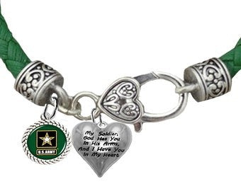 Army, My Soldier, God Has You In His Arms ,And I Have You In My Heart, Army Charm On A Antique Genuine Green Leather Bracelet, Hypoallergenic-Safe