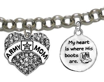 Army, My Heart Is Where His Boots Are, Genuine Austrian Crystal Army Mom Heart,Adjustable Bracelet, Hypoallergenic-No Nickel, Lead,Cadmium ©2022