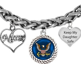 Navy Nurse,Navy Symbol, Keep My Daughter Safe, On A Adjustable Antique Wheat Chain Bracelet, Hypoallergenic-Safe,No Nickel, Lead, Or Cadmium