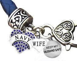 Navy Genuine Austrian Crystal Heart, Wife, Keep My Husband Safe, On A Blue Leather Bracelet, Hypoallergenic-Safe, No Nickel, Lead,Or Cadmium