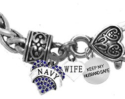 Navy Genuine Austrian Crystal Heart, Wife, Keep My Husband Safe, Antique Wheat Chain Bracelet, Hypoallergenic-Safe,No Nickel,Lead,Or Cadmium