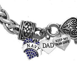 Navy Genuine Austrian Crystal Heart, Dad, Keep My Son Safe, On A Antique Wheat Chain Bracelet, Hypoallergenic-Safe, No Nickel, Lead, Cadmium