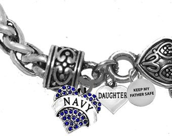 Navy Genuine Austrian Crystal Heart, Daughter,Keep My Father Safe,On Antique Wheat Chain Bracelet,Hypoallergenic-Safe,No Nickel,Lead,Cadmium