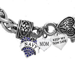 Navy Genuine Austrian Crystal Heart, Mom, Keep My Son Safe, On A Antique Wheat Chain Bracelet, Hypoallergenic-Safe,No Nickel,Lead,Or Cadmium