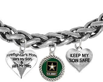 Army, Firefighter Mom,He's My Son And He's My Hero,Army Symbol, eep My Son Safe,Adjustable Antique Bracelet,Hypoallergenic,No Nickel, Lead,Cadmium