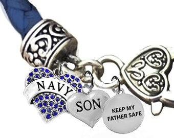 Navy Genuine Austrian Crystal Heart, Son, Keep My Father Safe, On A Blue Leather Bracelet, Hypoallergenic-Safe, No Nickel, Lead, Or Cadmium