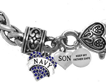 Navy Genuine Austrian Crystal Heart, Son,Keep My Father Safe,On A Antique Wheat Chain Bracelet,Hypoallergenic-Safe,No Nickel,Lead,Or Cadmium