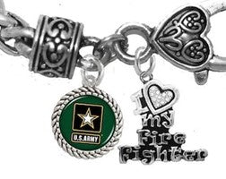 Army, I Love My Firefighter, Genuine Austrian Crystals,Adjustable Antique Wheat Chain Bracelet,Hypoallergenic-Safe,No Nickel,Lead,Or Cadmium