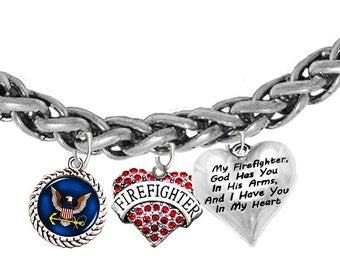 Navy Firefighter, Genuine Austrian Crystal Heart, My Firefighter God Has You In His Arms,Adjustable Bracelet, Hypoallergenic,No Nickel,Lead