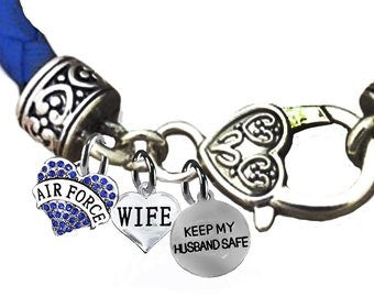 Air Force Wife, Keep My Husband Safe, On A Light Blue Leather Bracelet, Hypoallergenic-Safe, No Nickel, Lead, Or Cadmium In The Metal ©2022