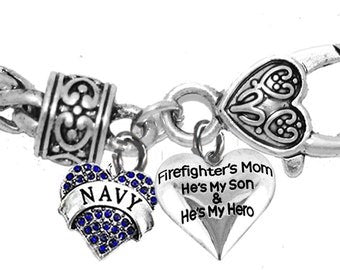 Navy Firefighter,Genuine Austrian Crystal Heart,Firefighter Mom,Hes My Son,Adjustable Antique Bracelet,Hypoallergenic,No Nickel,Lead,Cadmium