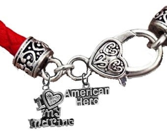 Marine, American Hero, I Love (Heart) My Marine, On A Antique Wheat Chain Bracelet, Hypoallergenic-Safe,No Nickel, Lead, Or Cadmium.