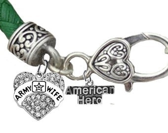 Army, American Hero...Army Wife Heart, Genuine Austrian Crystal, Genuine Green Leather Bracelet, Hypoallergenic-Safe, No Nickel, Lead, Or Cadmium