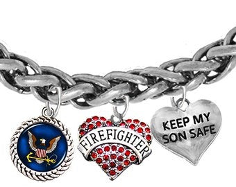 Navy Firefighter, Genuine Austrian Crystal Heart,Keep My Son Safe On A Adjustable Antique Wheat Chain Bracelet,Hypoallergenic,No Nickel,Lead