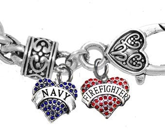 Navy Firefighter, Genuine Austrian Crystal Hearts,On A Adjustable Antique Wheat Chain Bracelet,Hypoallergenic-Safe,No Nickel,Lead,Or Cadmium