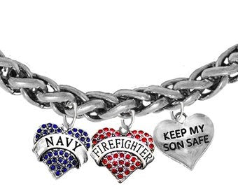 Navy Firefighter, Genuine Austrian Crystal Hearts, Keep My Son Safe,Adjustable Antique Wheat Chain Bracelet, Hypoallergenic, No Nickel, Lead