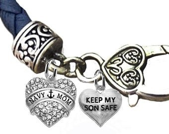 Navy Mom, Keep My Son Safe, On A Dark Navy Leather Bracelet, Hypoallergenic-Safe,No Nickel, Lead, Or Cadmium.